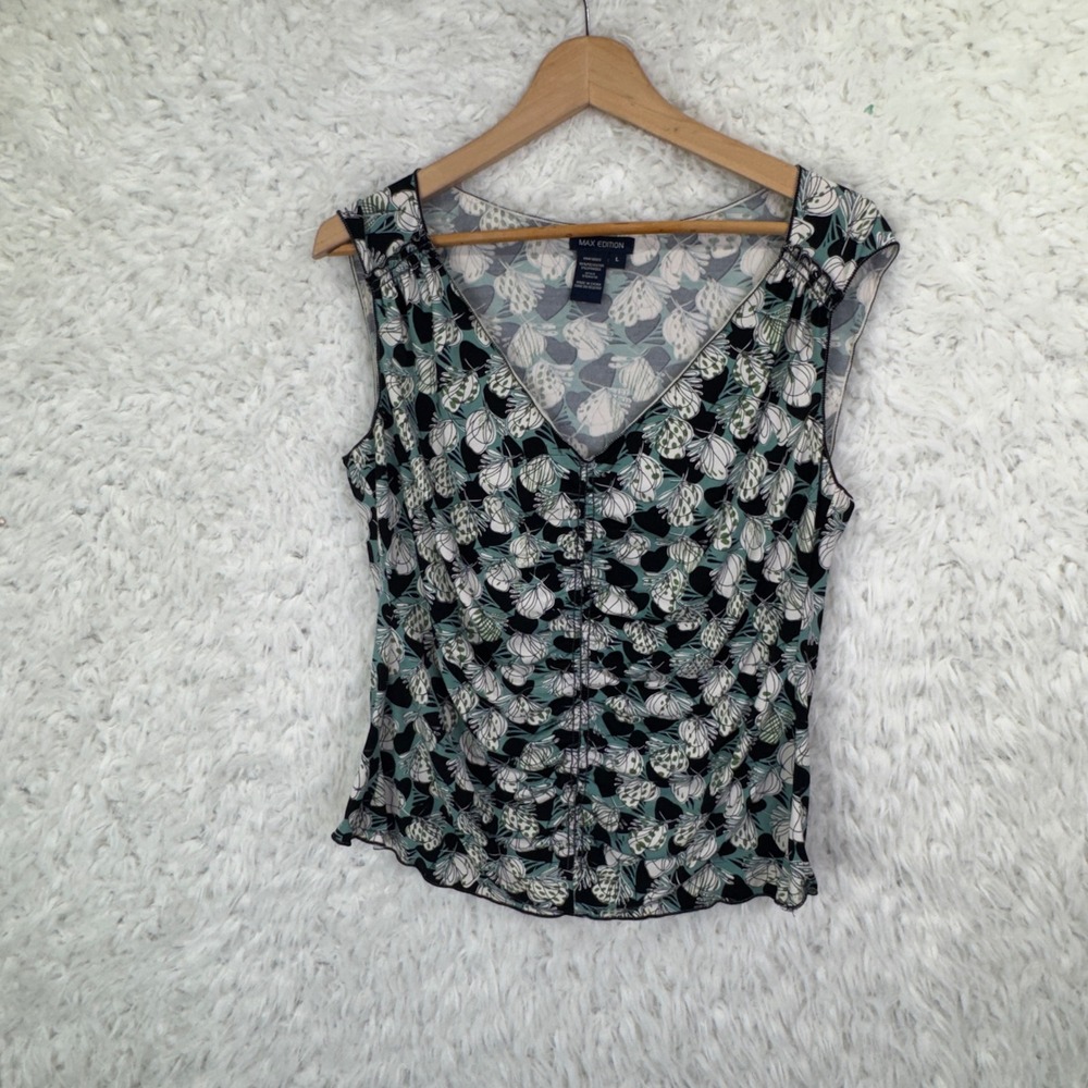 Max Edition Sleeveless Ruched Floral Top L Green Black Whimsygoth Y2K Aesthetic